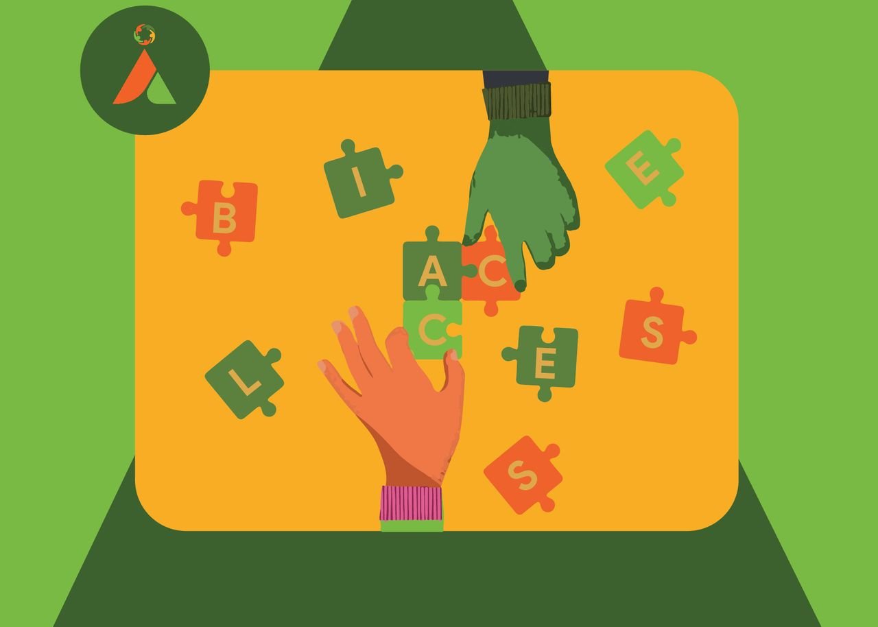 Two hands connecting puzzle pieces spelling ACCESS, representing accessible collaboration.
