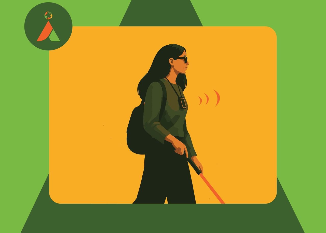A person using a white cane while walking, representing assistive technology in everyday use.