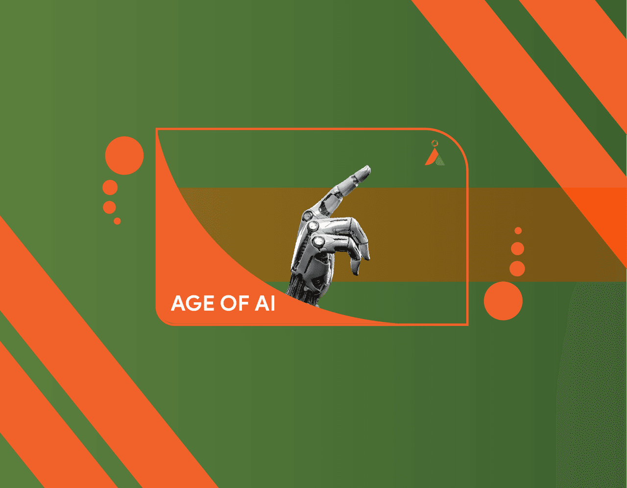 A robotic hand pointing upward on geometric green and orange background.