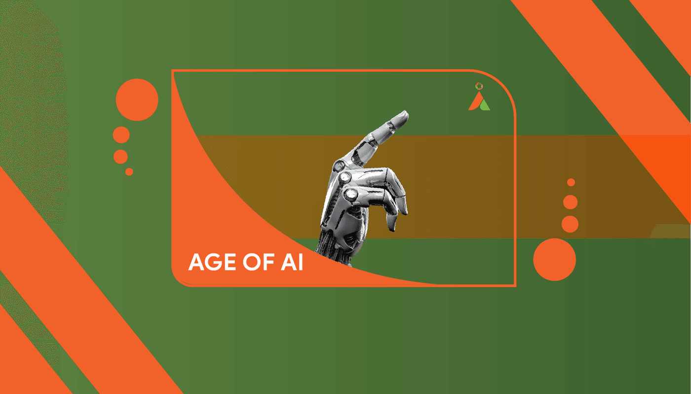 A robotic hand pointing upward on geometric green and orange background.