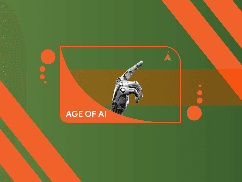 A robotic hand pointing upward on geometric green and orange background.